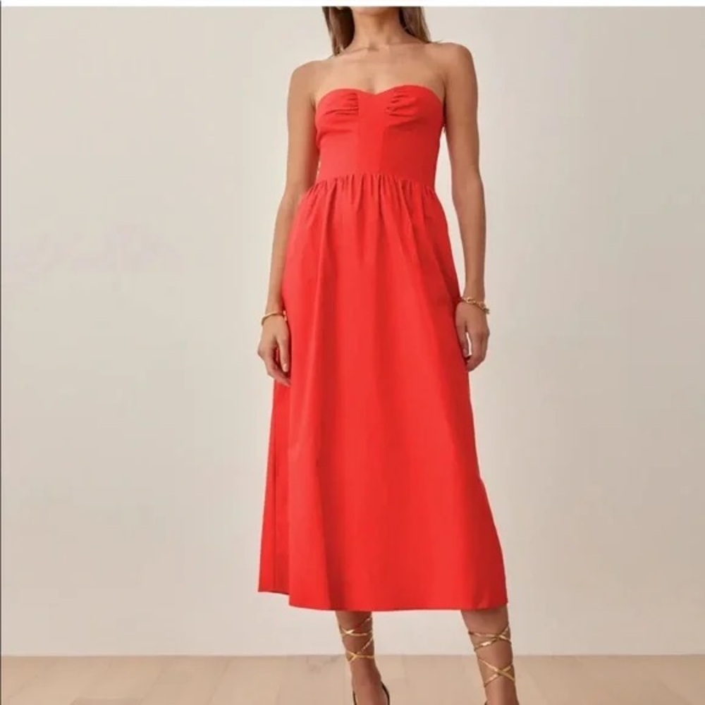 Reformation Red Pleated Strapless Sundress